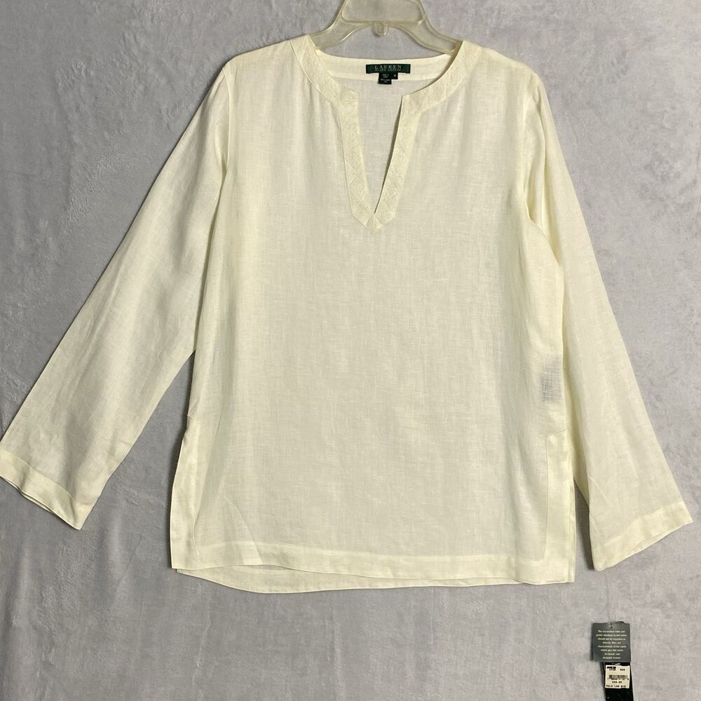 Vintage Lauren Ralph Lauren Blouse Womens Medium 100% Linen Beige Top NWT